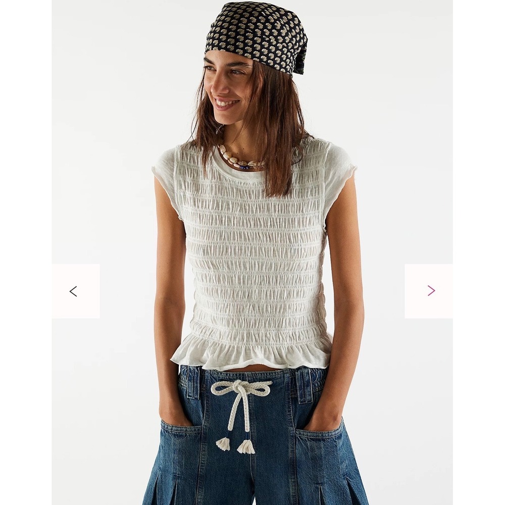 We The Free Sylvie Tee Smocked Peplum Top L White Cap Sleeve Boho Cottagecore